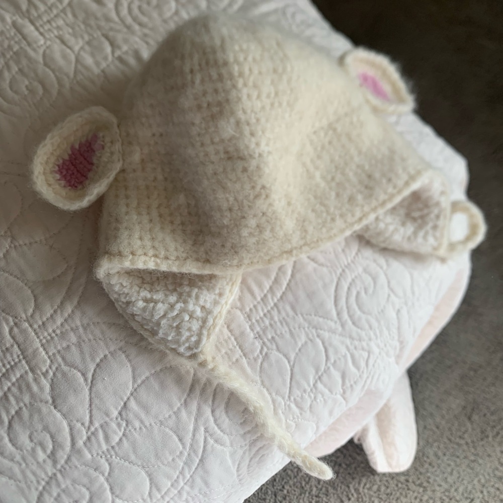 Charming Cream Knit Hat with Pink Ear Accents